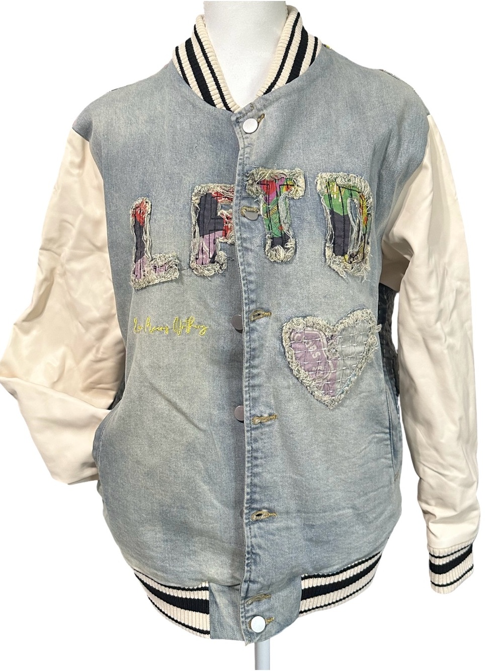 Lifted Anchors Denim & Cream Patchwork Bomber Jacket - Light Blue